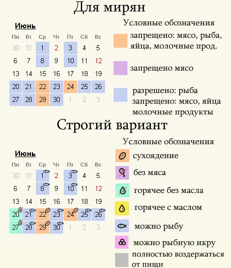 Июнь 2022 - календарь питания в пост для мирян и строгий